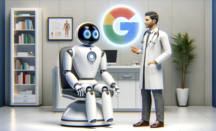 DALL·E-2024-01-17-17.22.41-A-photorealistic-image-of-a-futuristic-AI-chatbot-depicted-as-a-friendly-robot-doctor-dressed-in-a-white-coat-and-wearing-a-stethoscope-interacting--825x500