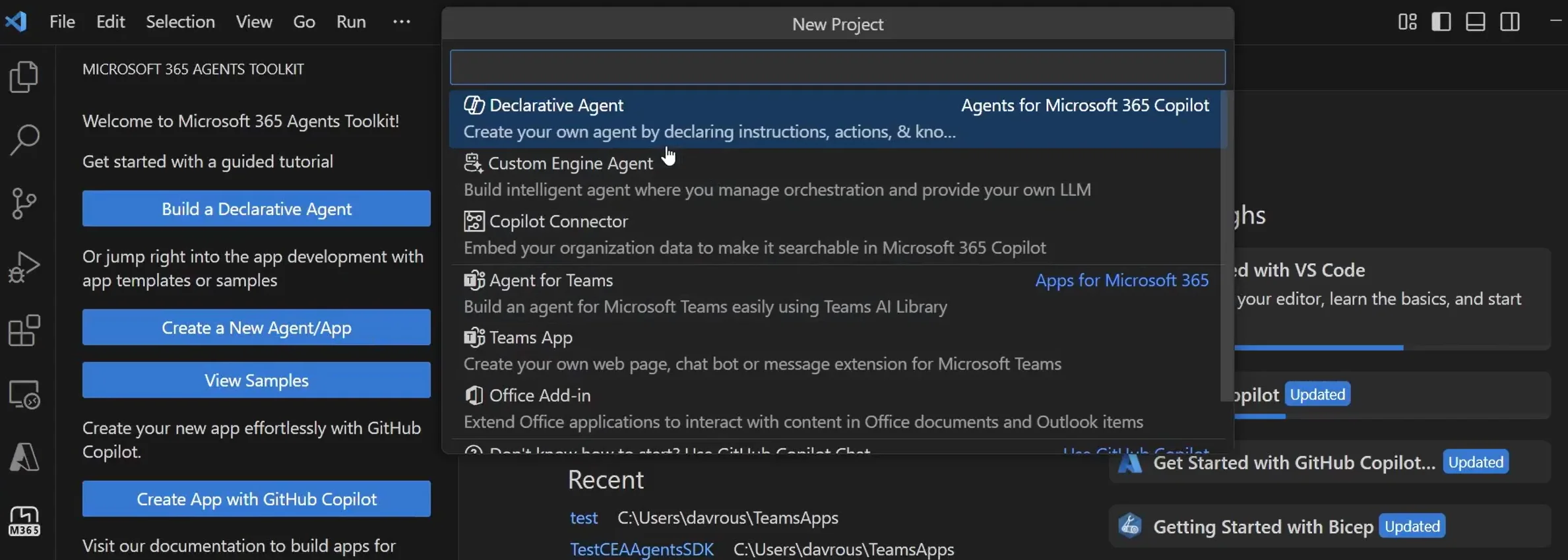 Agents Toolkit for Visual Studio Code starting options