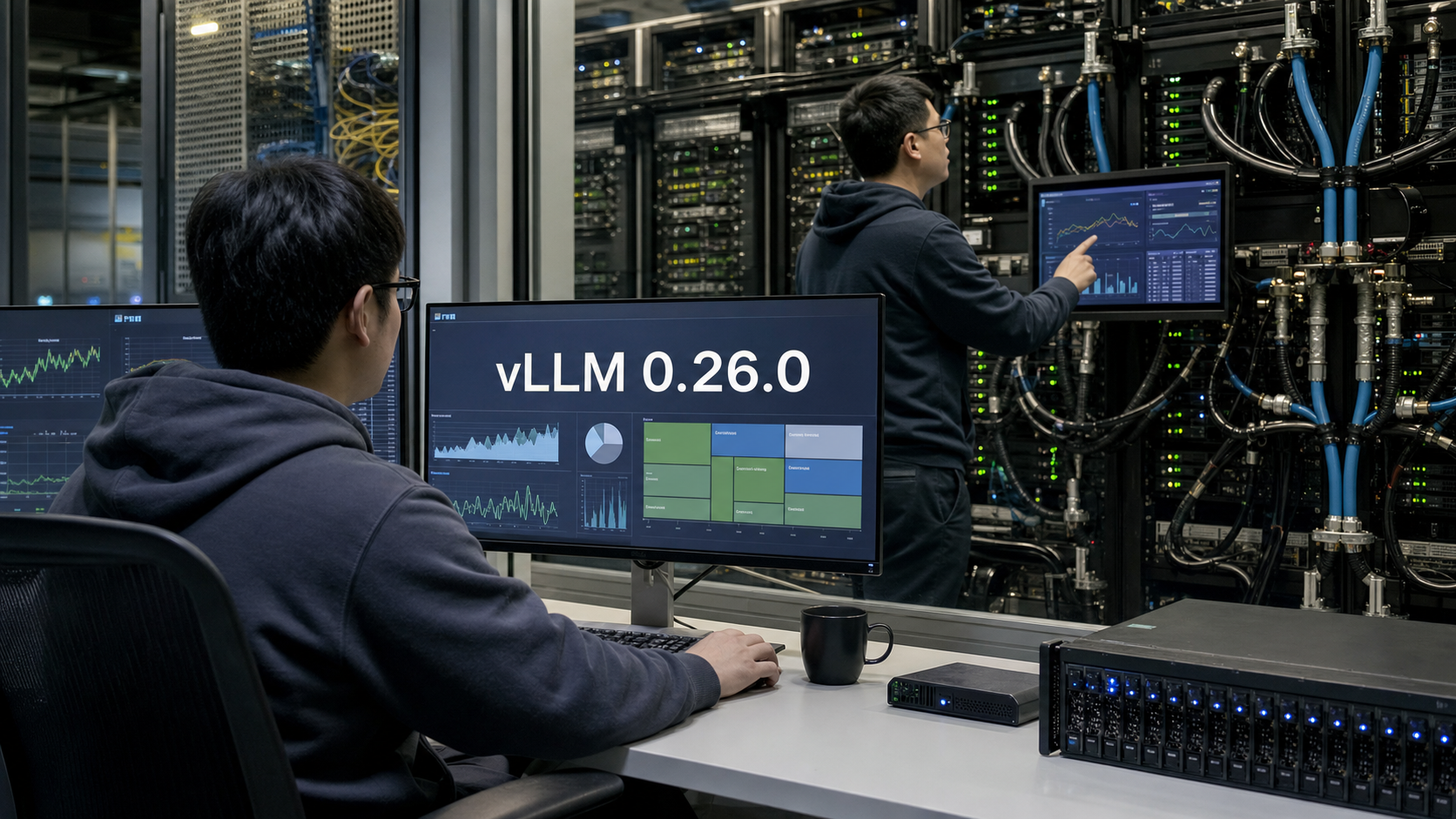 工程师在数据中心监控vLLM推理集群与分层存储运行状态
