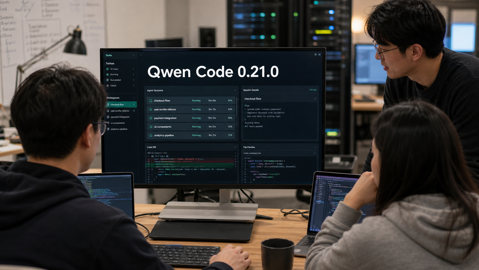 三名工程师在开发工作区查看Qwen Code 0.21.0后台智能体任务面板