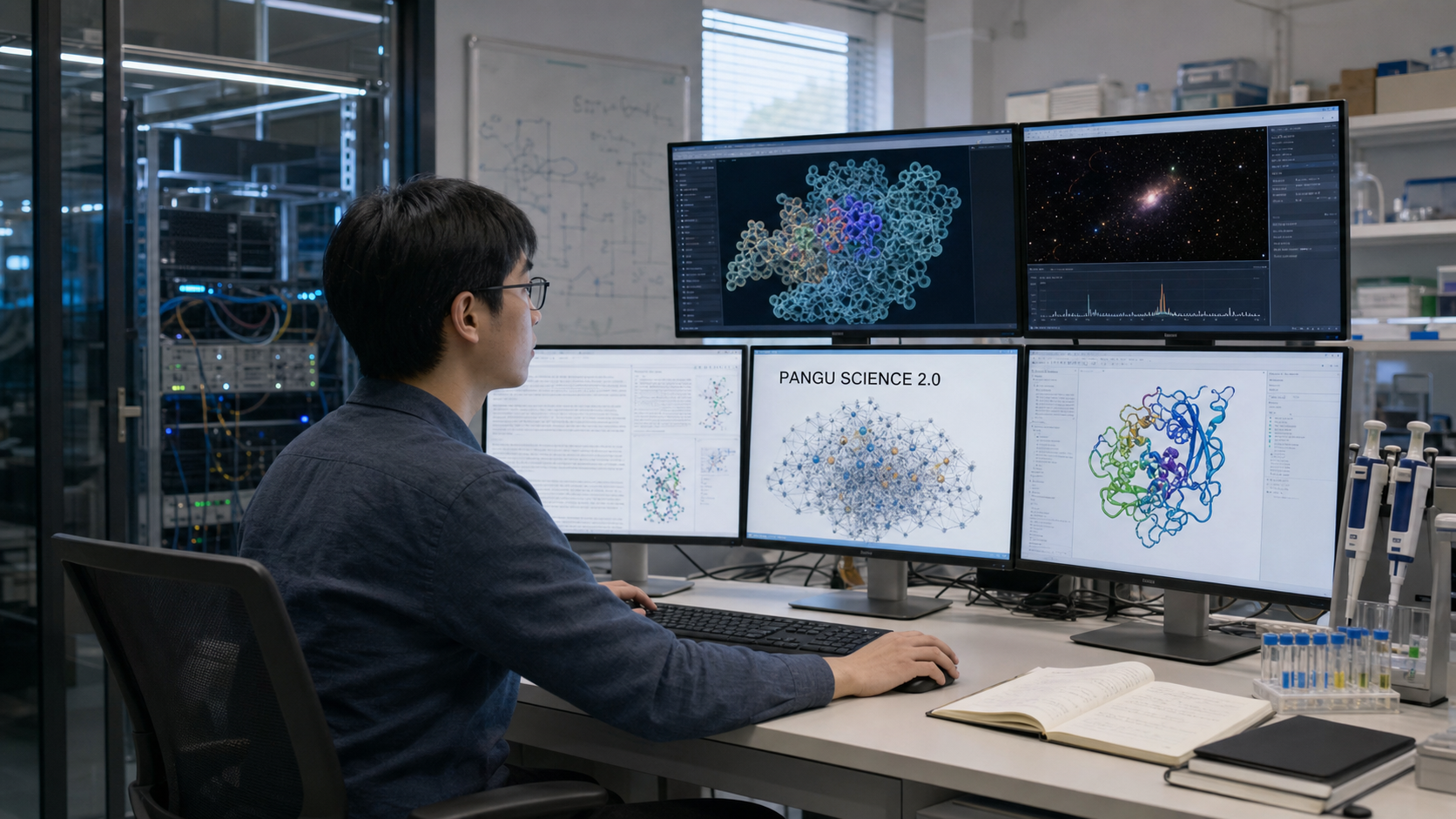 科研人员在实验室工作站上查看分子结构、天文数据与科学计算任务