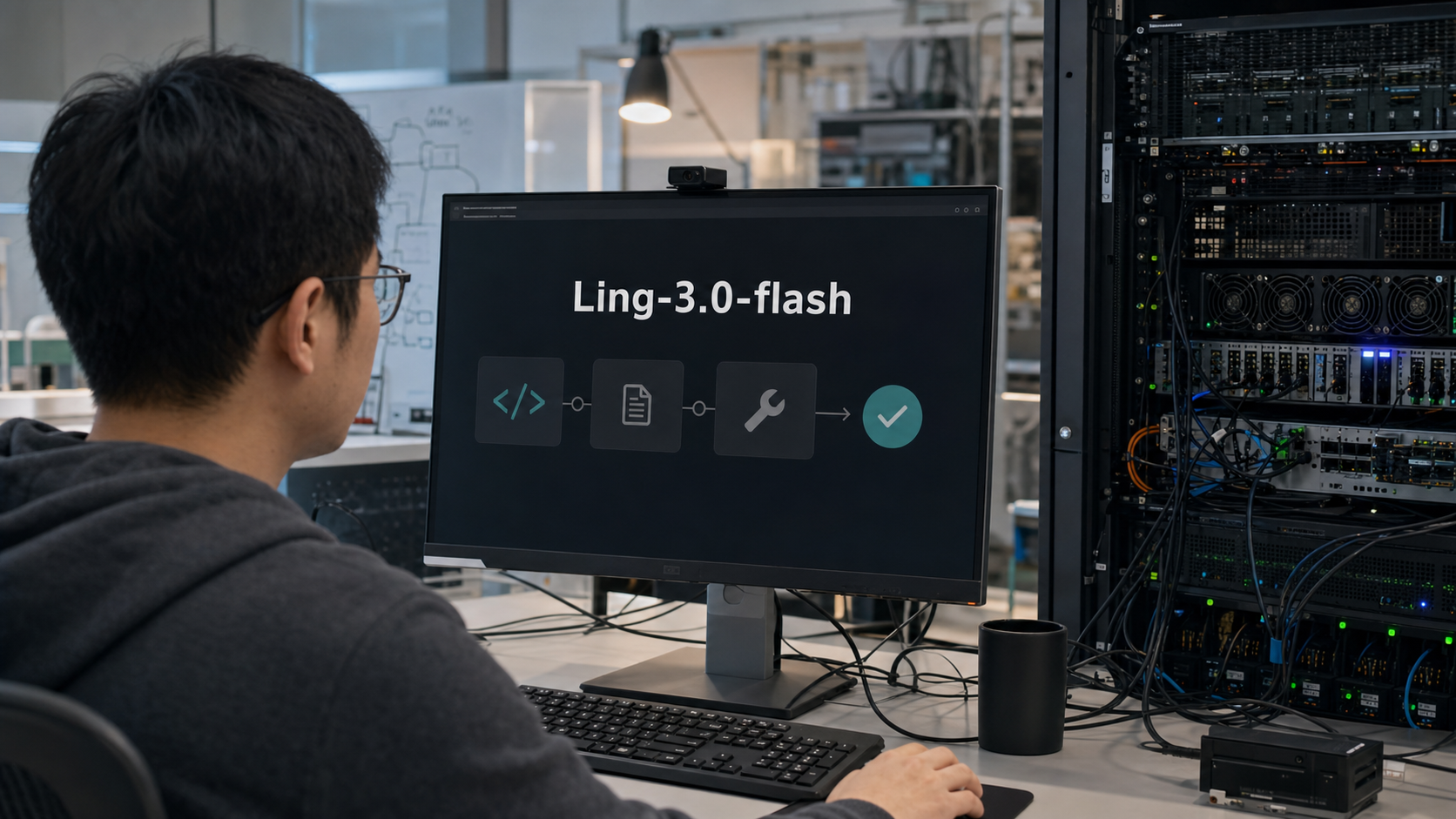 开发者在工作站旁查看Ling-3.0-flash智能体工作流与本地服务器