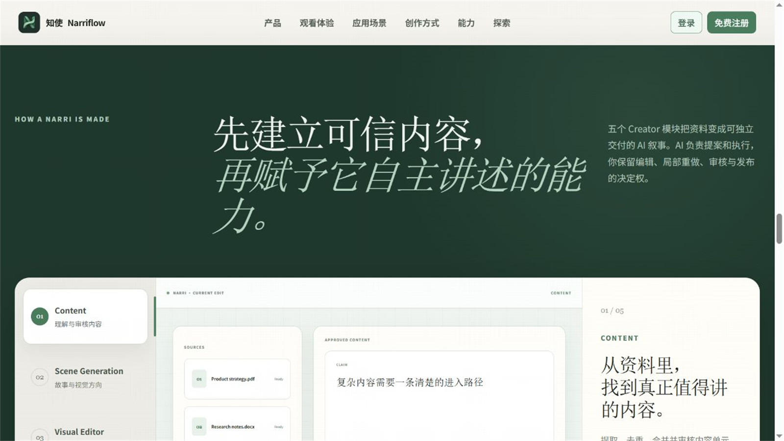 知使(Narriflow)官网展示Creator从可信内容到自主讲述的创作流程