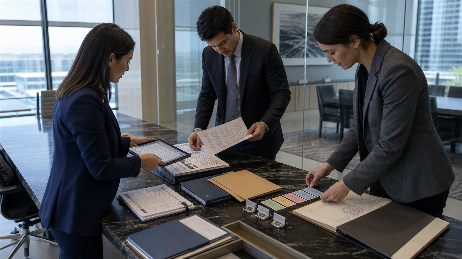 三名金融分析人员围绕数据表、尽调文件、权限卡和审计记录协作复核