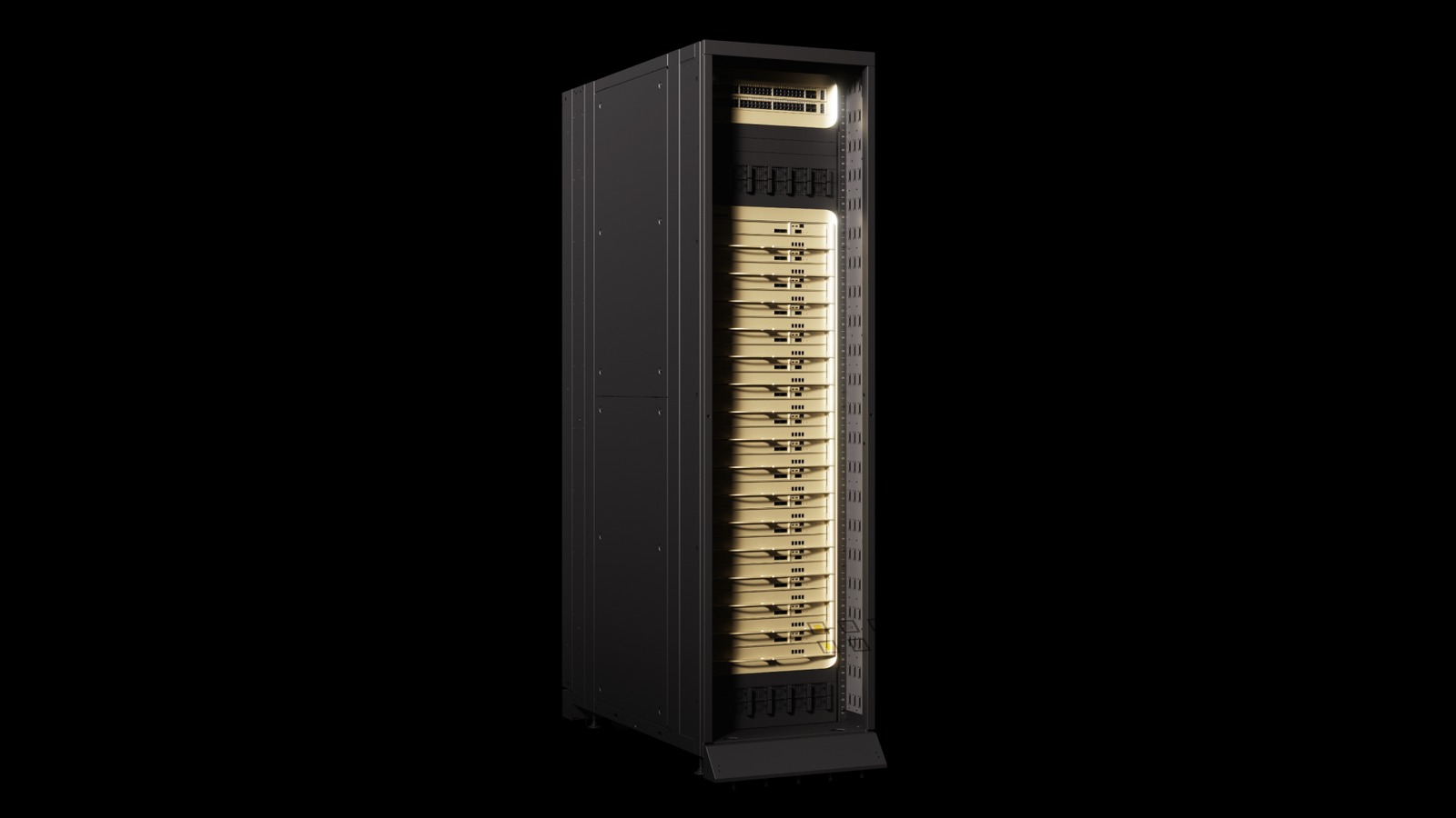黑色背景中的NVIDIA Groq 3 LPX量产机柜及内部推理模块