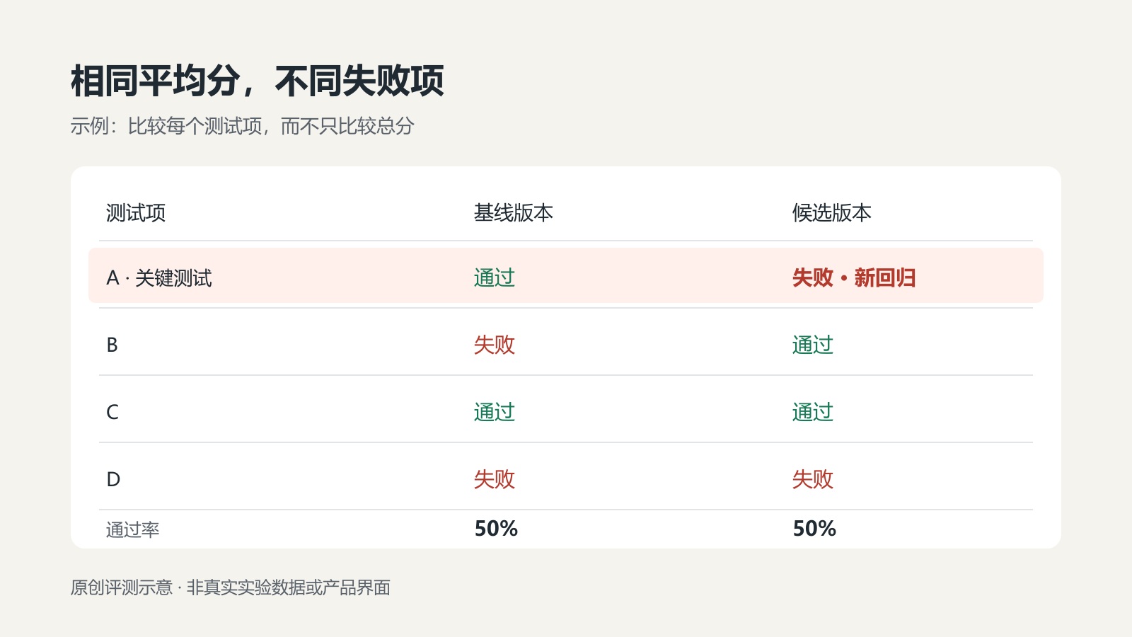 两版通过率均为50%但关键测试发生回归的原创比较图
